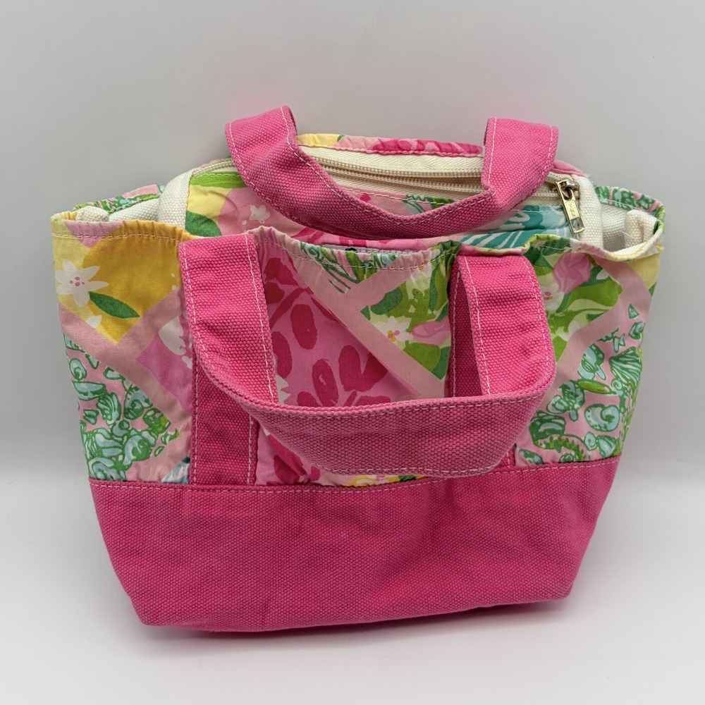 Lilly Pulitzer Mini Canvas Cotton Tote Bag Vintage Pink Multi Zip Read 11"